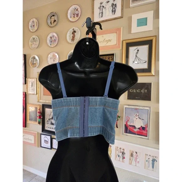 Y2K Denim Rhinestone Fringe Corset Top Lingerie Strap or Strapless‎ Bustier - Picture 4 of 6